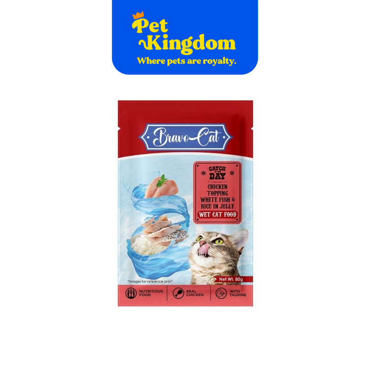 BRAVOCAT CHICKEN TOPPING WHITE FISH & RICE IN JELLY 80G